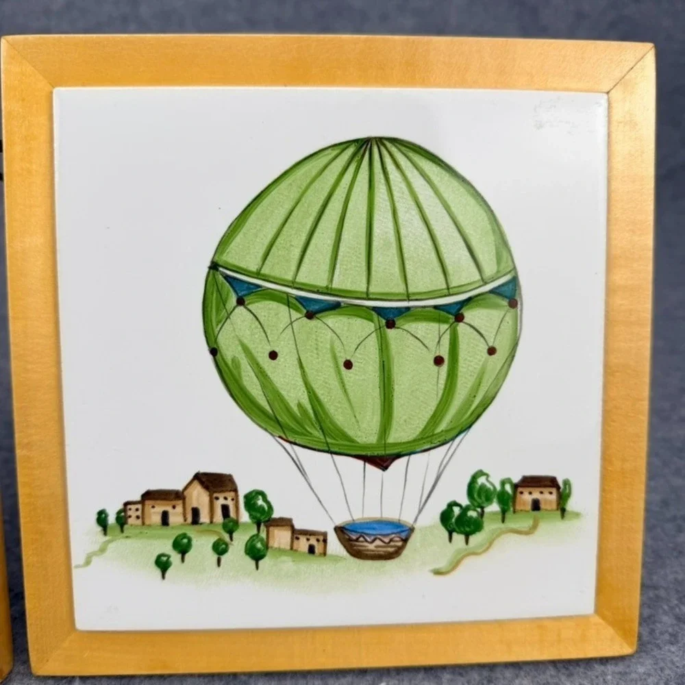 Set of 2 Framed Ceramic Tile Hot Air Balloon Wall Art Decor Green Purple 7x7